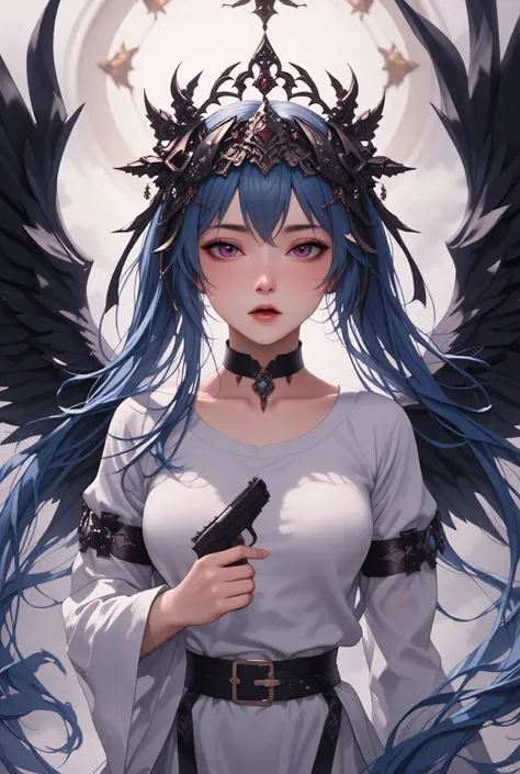 1 Girl, Koharu ( blue file ), Twin ponytails, shirt, Fraction_9, black  Wings ,  blush,  pink eyes, head  Wings ,  pink hair,  Wings , have,  black headdress , @ @, open Mouth, Mouth, 持have武器, pistol,