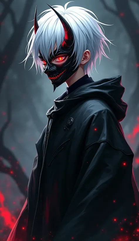  Anime boy with a demonic mask, white hair, And the red eyes .