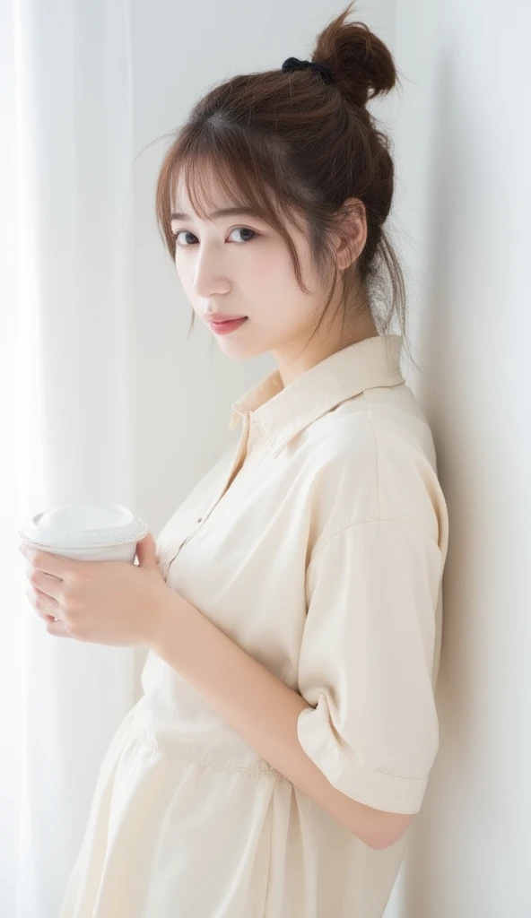 The image is a portrait of a young Japanese woman with shoulder-length brown hair tied up in a messy bun. She is standing next to a white wall, leaning against it with her left hand on the left side of the image. The woman is wearing a light cream-colored ...