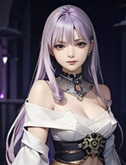   top quality、 realistic 、 Woman with long hair、 light purple hair  、  with a dignified expression、Mid-chest、  White Off Shoulder Armor(Skull shape ) 、belly button、  Beautifully Exposed Thighs  、Another World、Dark fantasy