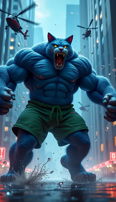 In cinematic 3D style, HD image, realistic image ,colourful image,
Character,big huge muscular body blue hulk cat wearing green shorts
Action,It is night, there is a road in the middle, there are huge glass buildings on both sides, on one building a muscul...