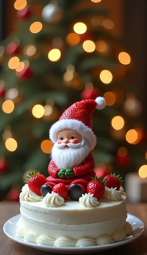 strawberry christmas cake: Yahya Aisha  、Cute female dwarf Santa Claus sitting on white cream  、  Christmas tree 、Electric Spectacle 、 Quiet Night、Soft Light Source、 girl taking off 、8k、16k、 High Color Reproducibility 