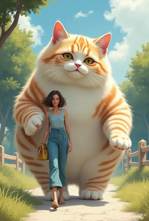 A woman dressed in blue casual walks Dan walks along with a very giant 3 striped angora cat walking together 