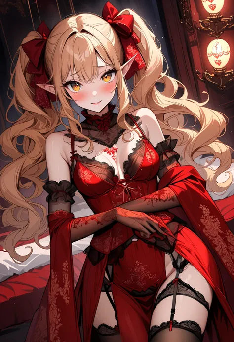 solo, female, long curly hair, twintails, cherry blonde, golden skin, golden eyes, elf, frilly lingerie, bedroom, night, comforting, hair bow, blush, smile, stockings, garter belt, garter, embroidery, elbow gloves, silk, shawl:1.3, slutty dress, tight red ...