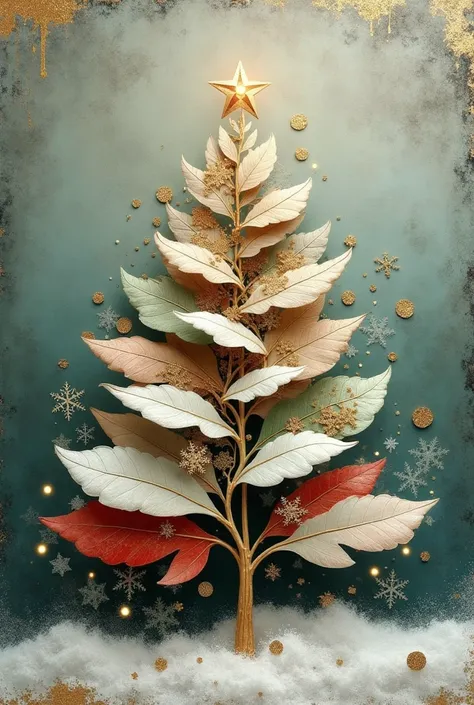 Digital mixed media art. Medium shot. A stylized Christmas tree with layered, rounded leaves in shades of white, stone green, red and subtle metallic gold, against a textured background with a moody palette of muted tones and silver. Mixed media collage. W...