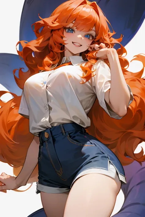 Mereoleona orange hair、grin,bangs,long hair,  Tufts at the whorl,Big Breasts,blue eyes, Thighs、look at me,Anatomically Correct ,she haves fang,Line of sight,white shirt,short pants,ribon