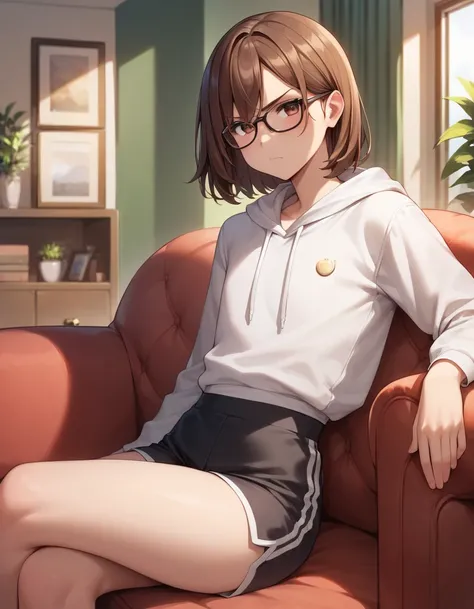 2,5d, boy, gorgeous, medium hair, brown hair, brown eyes, light thighs, light hips, thin waist, light ass, flat chest, detailed eyes, detailed face, detailed body, adult, tall, detailed living room, living room, white skin, make up, solo, adult, black hood...