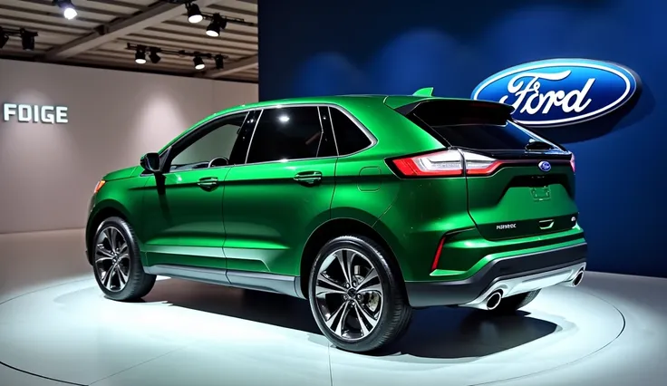 2025 Ford edge in green lite colour right side view the showroom with monogram and names and model of the car writing back showroom s wall display 