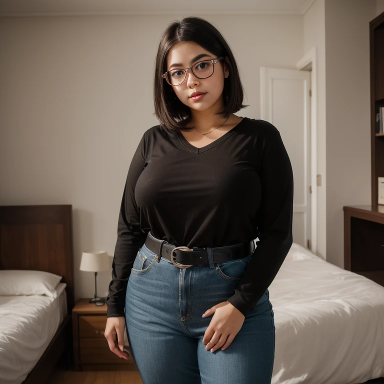  A cute nerdy petite short slightly chubby very busty emo guanajuato teen, short beautiful volumetric emo style hair, beautiful detailed brown eyes, cutely detailed lips, extremely cute detailed eyes and face, voluptuous breasts, long sleeve v neck t-shirt...