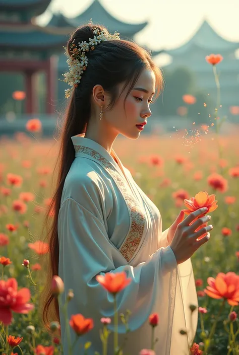 zhongfenghua, 1girl, solo, hanfu, ancient_chinese_architecture, flower field, blossom, (white smoke:1.3) (photorealistic:1.4), zentangle, mandala, entangle, official art, unity 8k wallpaper, ultra detailed, beautiful and aesthetic, masterpiece,best quality...