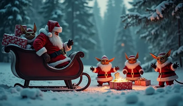 Santas sleigh is parked in a forest filled with presents, its snowing. And over the small presents, goblins dressed as Santa Claus, stealing the presents from each other. scary scene. realistic. high definition.