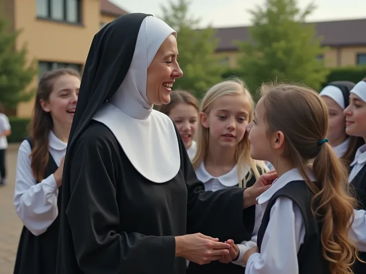  A school playground with students playing and talking. Mother Clara, who is wearing a nuns habit, just like the girls in their religious uniform while interacting with them, showing closeness and tenderness .