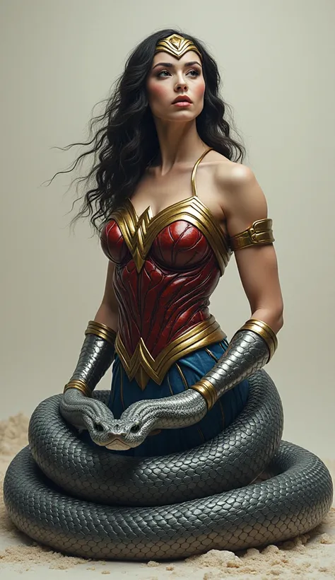 portrait of a large snake wearing Wonder Womans costume from Justice League