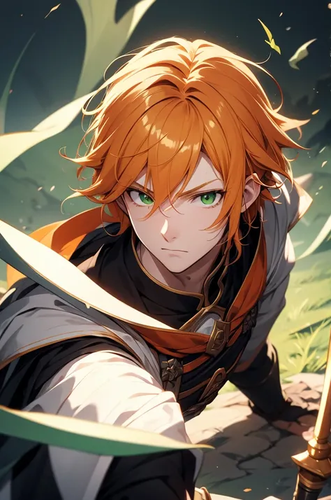 Weak swordsman,  pale orange hair,  green eyes, black collar,  male,  guy,  man, gentle