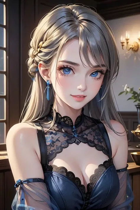 (masterpiece: 1.2,  top quality), (Actual Photos,  intricate details), 1. woman, Alone, Casual upper body,  Shoulder-length Hair, minimal makeup, Natural materials, , Home, Grey Hair,  blue eyes, Bare shoulders、 smiling while showing teeth 、((Black lace ou...