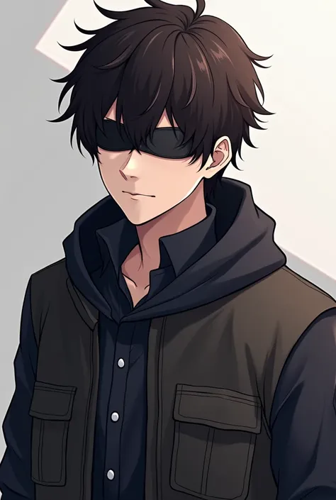 Create the image of a young brunette anime , muscular,  masculine features , 21 years old, Blind and with a headband covering your eyes. casual clothes. this young man ,  will be a dark character for an RPG