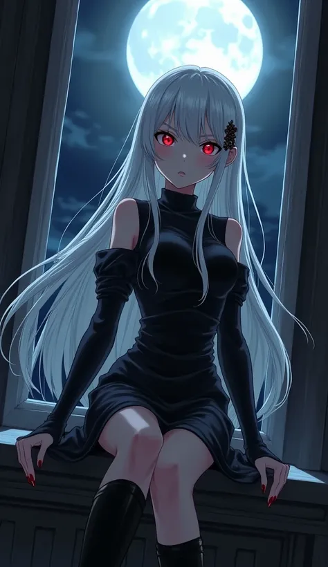   girl,  long white hair, bangs parted, showing the forehead,  hair thrown to the side , dark red eyes, strong body,  very angry expression ,  short black dress with long sleeves with  long black boots,  dark mansion sitting at the open window, looking at ...