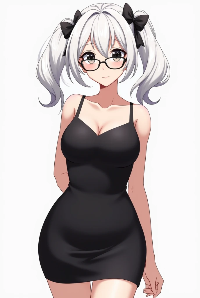  An anime-style character , White hair tied on both sides, big breast , two short Maria s , with small black ribbon on the head , black eyes,  along with visible eyelashes , a straight eyeglass  ,  a black outfit with a small black skirt