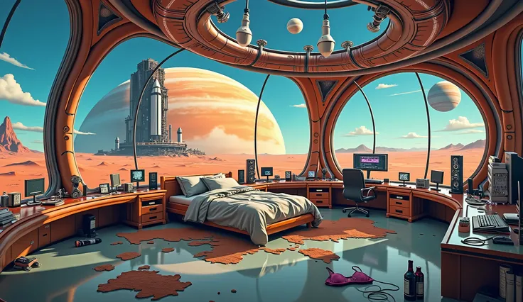 A highly detailed futuristic cyberpunk-inspired bedroom featuring multiple large panoramic round windows that overlooks Mars terrain under super blue and clean sky with huge Saturn and Jupiter in the sky, huge black spaceship launch tower standing on Mars....