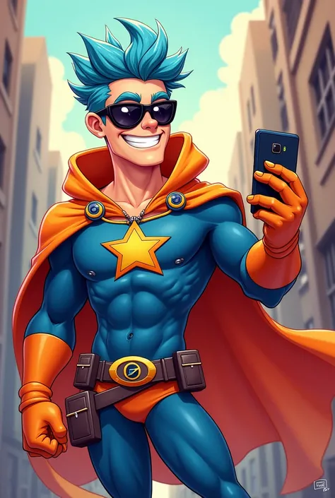 Create a cartoon-style image of a male teenager disguised as a handsome anti-hero with a star logo on his chest, wide-bodied in many colors, with an orange cape and light blue hair )who has a cell phone , sunglasses earphones)