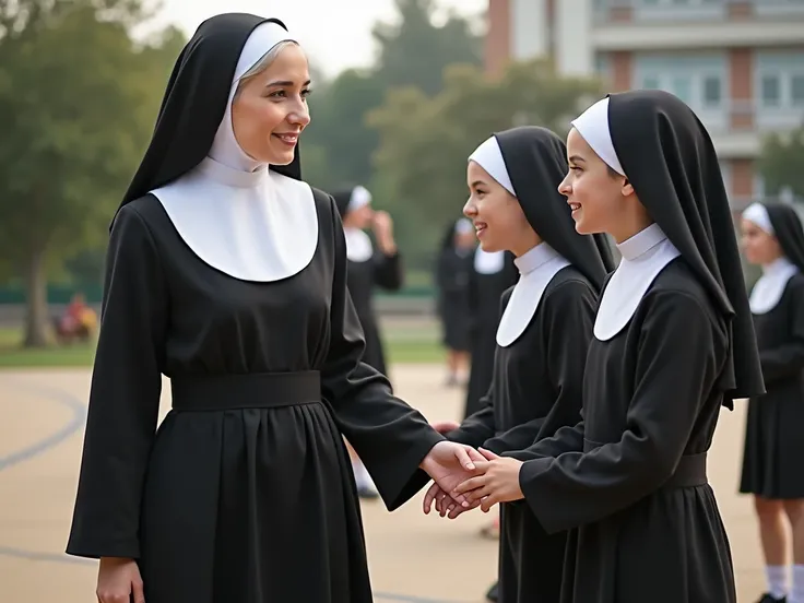  A school playground with students playing and talking. Mother Clara, who is wearing a nuns habit, just like the girls in their religious uniform while interacting with them, showing closeness and tenderness . That the image is in the format of the previou...