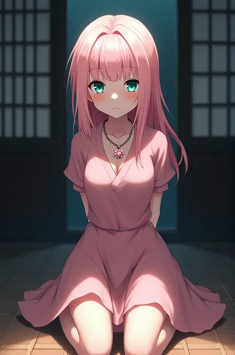 A young girl, pale pink hair, Eyes mint,  pink dress with opening , necklace Sakura ,  handcuffs on wrists ,  kneeling pose , hands behind back, Determined look,  room with screens , anime aesthetics,  dramatic lighting,  dark background,  old Japanese roo...