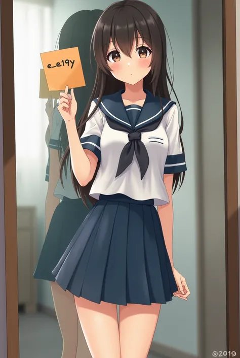 eaturing a young high school girl in a sailor uniform. The girl stands in front of the mirror, with her body reflected clearly. Her skirt is slightly short, emphasizing a youthful and playful vibe, and her legs appear slender and delicate. In her left hand...