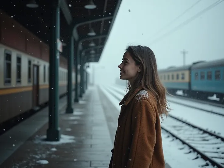 A beautiful girl standing alone at the ticket gate of an old train station in the countryside, looking into the distance as if waiting for a train. very beautiful face. Lonely laughing.
The snow is falling quietly. upper body.