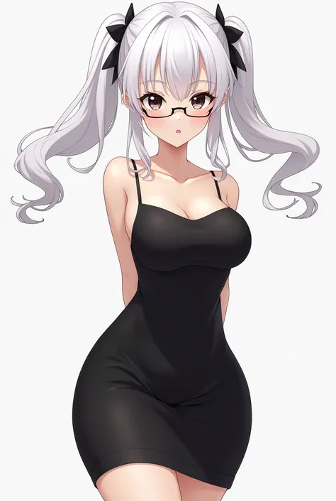  An anime-style character , White hair tied on both sides, big breast , two short Maria s , with small black ribbon on the head , black eyes,  along with visible eyelashes , a straight eyeglass  ,  a black outfit with a small black skirt