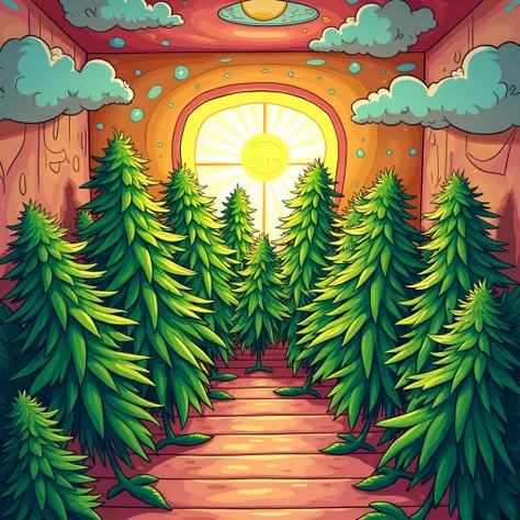 Room full of marijuana plants,  cartoon style