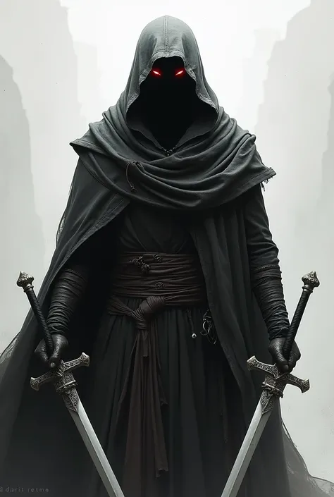 Draw a hooded person in an austere robe with two swords in his hands and red eyes