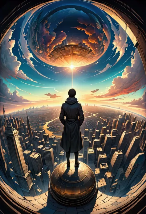 mysterious world view painting touch depiction, fantasy illustration, a huge figure standing on the horizon, cityscape, magnificent view, fisheye lens, ultra detailed, absolutely resolution, masterpiece