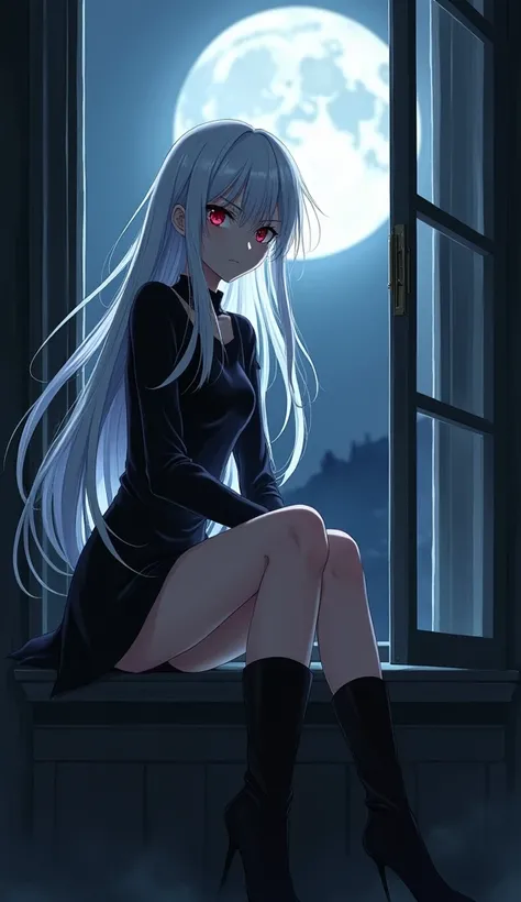   girl,  long white hair, bangs parted, showing the forehead,  hair thrown to the side , dark red eyes, strong body,  very angry expression ,  short black dress with long sleeves with  long black boots,  dark mansion sitting at the open window, looking at ...