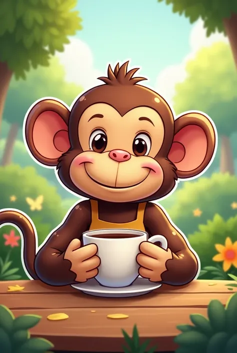 Sticker image. Monkey cartoon character wearing bib suit sitting drinking coffee in park