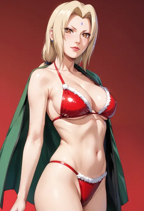 extremely detailed CG, high resolution, best quality, masterpiece, single woman, tsunade (naruto shippuden), brown eyes, (beautiful detailed eyes: 1.4), blonde hair, christmas bikini, natural pose, red background (gradient)