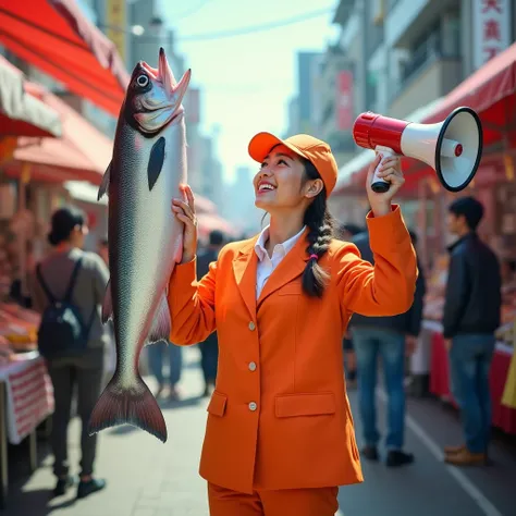 photo ,In this vibrant masterpiece, a young and cute saleswoman stands out against the backdrop of a bustling shopping street reminiscent of Tokyos Ameyoko . Holding aloft a magnificent salmon, its scales shining in the bright sunlight, she delivers an imp...