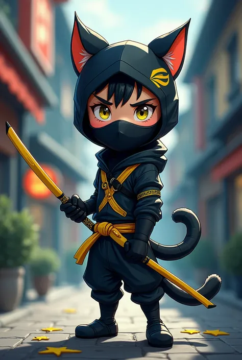 Create a cartoon-style image of a cool male teenager disguised as a black ninja cat with yellow decorations and sabers