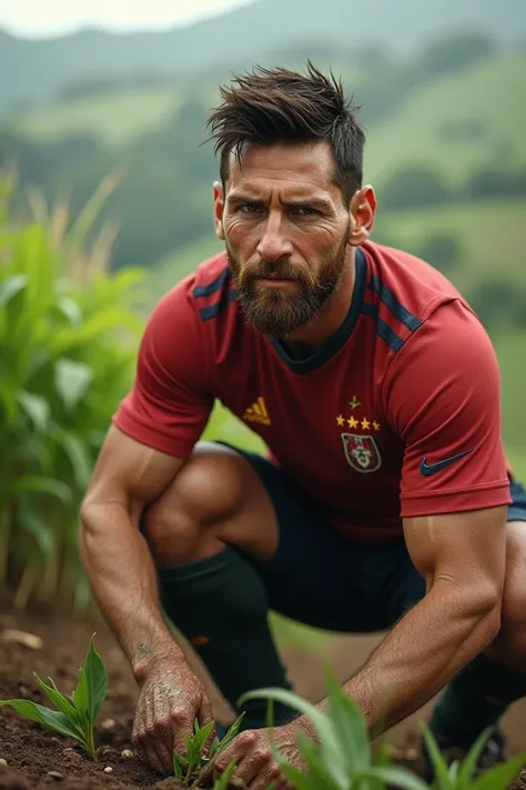 : A realistic image of a man who looks like Lionel Messi and Cristiano Ronaldo work into the farm