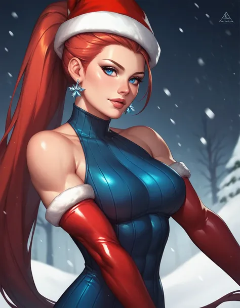 female sleeveless catsuit, bare shoulders, racerback, long gloves, toned arms, beautiful faces, red ponytail with showing forehead, long ponytail, earrings, soft smooth skin, pale skin, winter city background, blue eyes, sci-fi, high contrast, christmas, w...