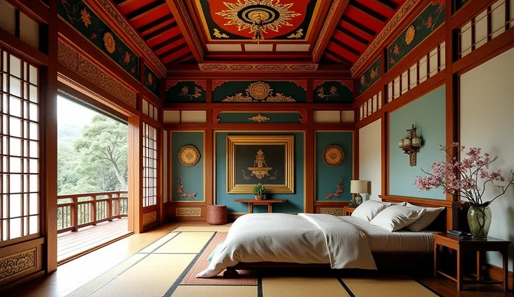  Create a Japanese room inspired by the Nikkô Tôshô-gu sanctuary ,  view from a corner .  The bed should be placed on the right side diagonally ,  looking towards the back of the room .  The floor must be covered with tatami ,  and the decoration must incl...