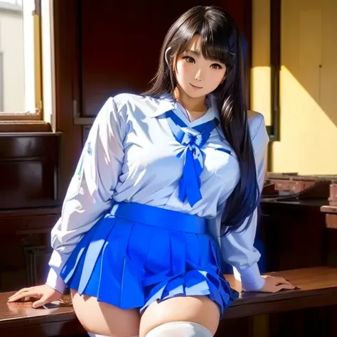 Asian woman in blue white uniform is posing on a bench,  Japanese High School Girl Uniforms,  japanese school uniform, wearing  japanese school uniform, Principal in uniform , hyper Realistic High School Girls , a hyper Realistic High School Girls ,  in st...