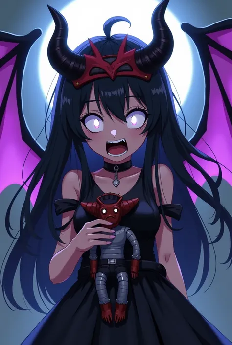 
Ten-year-old girl demonia anime style.  On her head she has a red metal tiara her hair is long she has two black tails.  White anime eyes .  On her head she has black horns .  Her clothes are a black dress with bolados with metal armor .  In her hand she ...