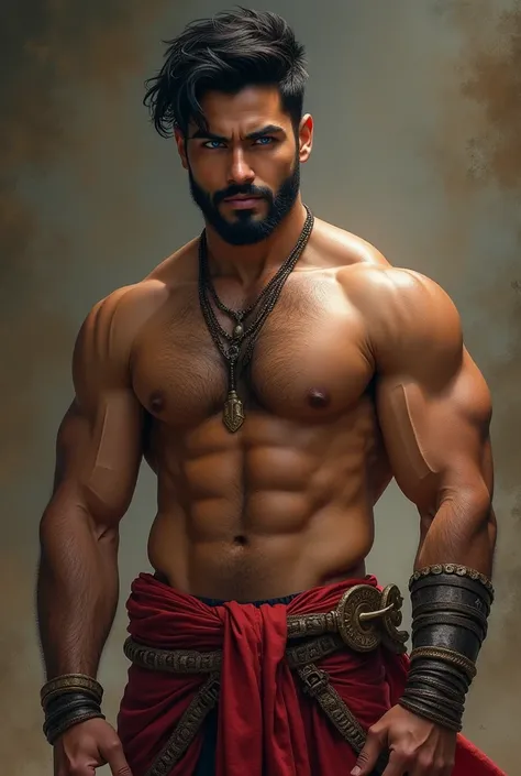 Shirtless rajput man six pack abs breaSt, hairy body, hairy chest, muscular , dusky skin, short trimmed beard, young,hot , dashing quiff haircut , sharp jawline, pointed nose, blue eyes, young