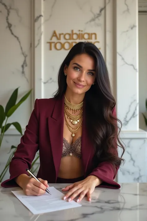  A woman signing a contract in a white marble office,  with a sign that says  "Arabian Tropic "  wearing wide-leg burgundy pants with a high waist ,  a crop top adorned with gold jewels and a long sleeve blazer with pronounced shoulders , she has long dark...