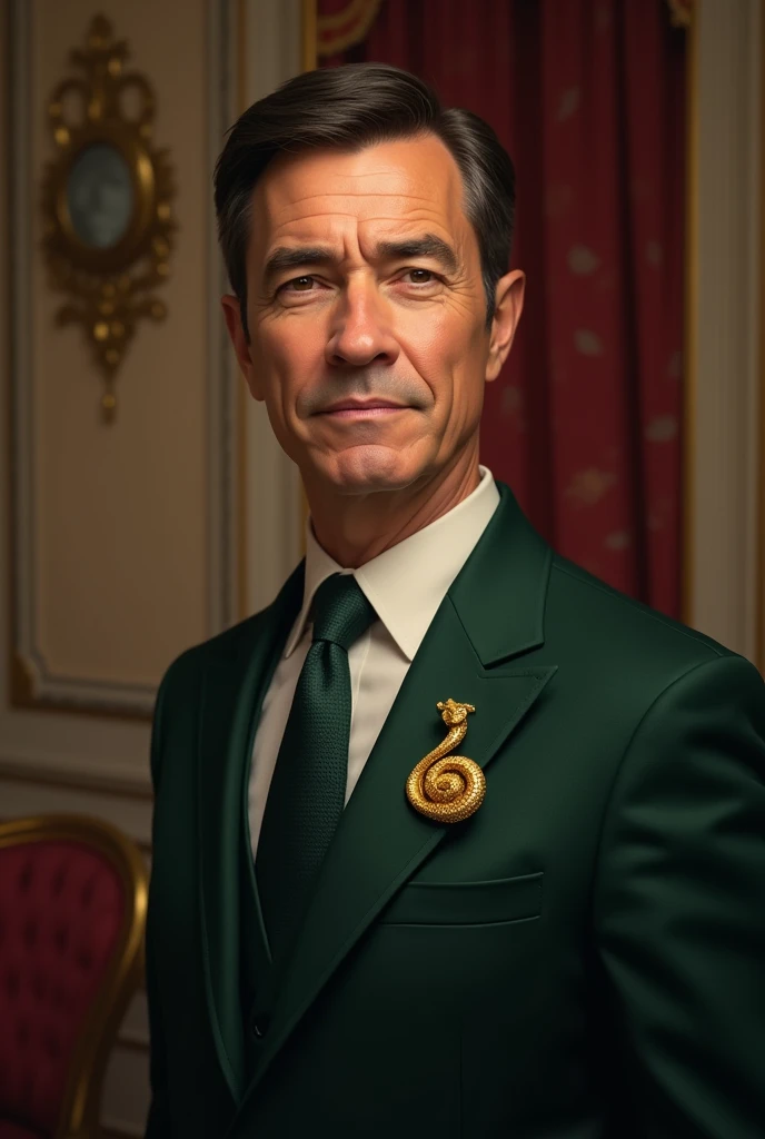 Create a realistic portrait of a handsome brown-eyed, dark-haired middle-aged president with short brown hair in a dark green suit with a golden snake brooch in a classic palace