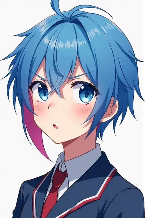  male student.end 1 person, blue hair, pink tip, blue eyes