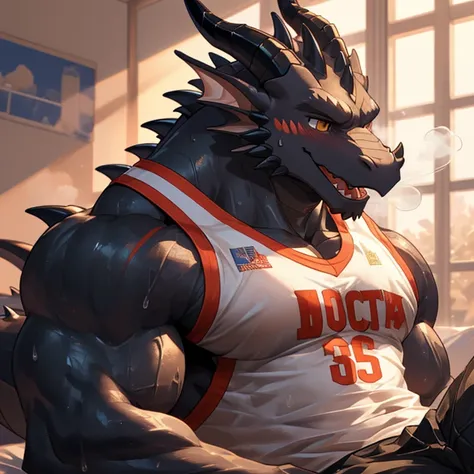 Publaz, (Black Dragon), Black fur, Two-color, Golden Eyes, (well-developed muscle body:1.3), Perfect eyes, Handsome, OK,(White basketball jersey),(close up),(Happy eyes:1.2),Look at the screen,(Dragon Horn),(Dragon tail),Different students,A perfect master...