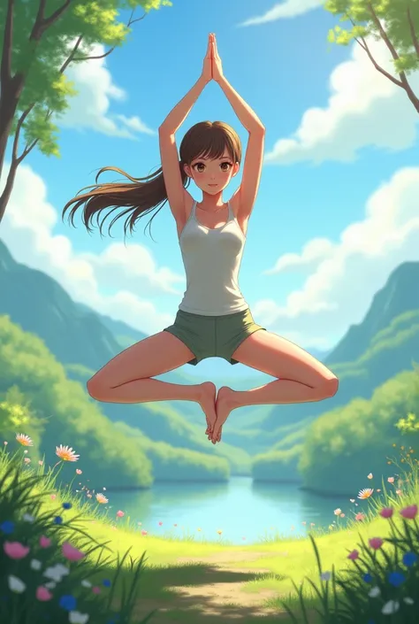 1 anime girl, standing split,yoga pose, outdoors