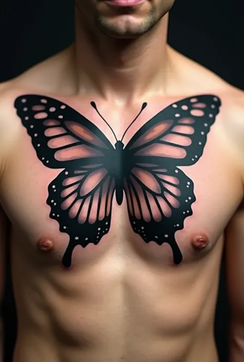 Tattoo of a black butterfly in the middle of chest