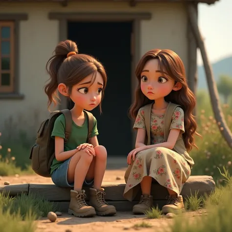 Scene 1: A Poor Family in a Village
Prompt: A 15-year-old girl with chestnut brown hair tied in a ponytail, wearing a green t-shirt, denim shorts, hiking boots, and a backpack sits beside her mother. The mother is a young woman with long, wavy brown hair, ...